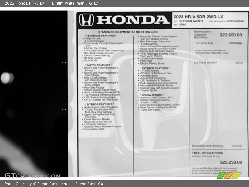Platinum White Pearl / Gray 2023 Honda HR-V LX