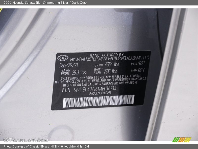 2021 Sonata SEL Shimmering Silver Color Code R2T