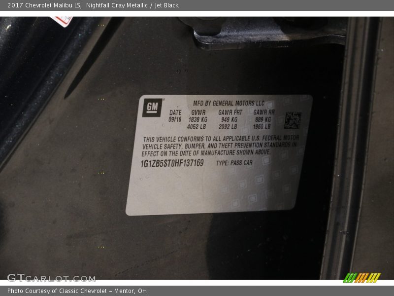Nightfall Gray Metallic / Jet Black 2017 Chevrolet Malibu LS