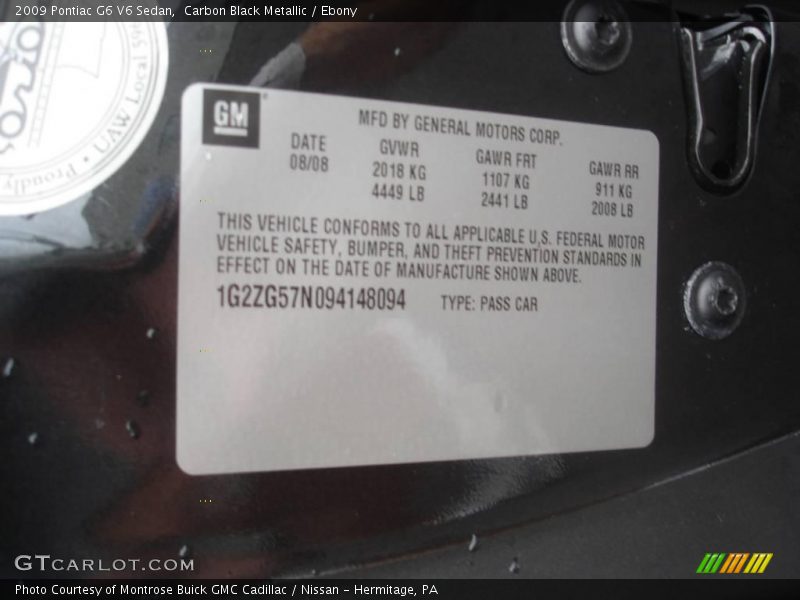 Carbon Black Metallic / Ebony 2009 Pontiac G6 V6 Sedan