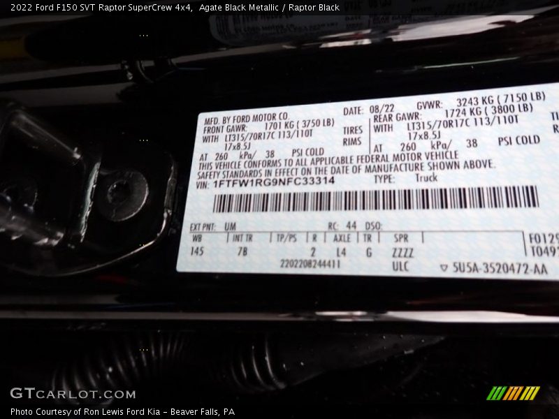 2022 F150 SVT Raptor SuperCrew 4x4 Agate Black Metallic Color Code UM