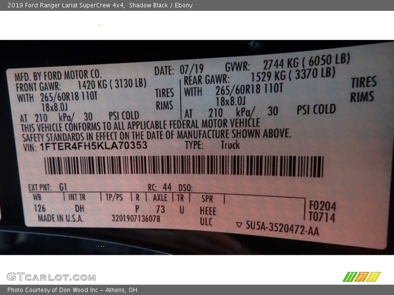 Shadow Black / Ebony 2019 Ford Ranger Lariat SuperCrew 4x4