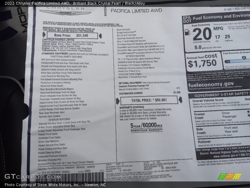 Brilliant Black Crystal Pearl / Black/Alloy 2022 Chrysler Pacifica Limited AWD