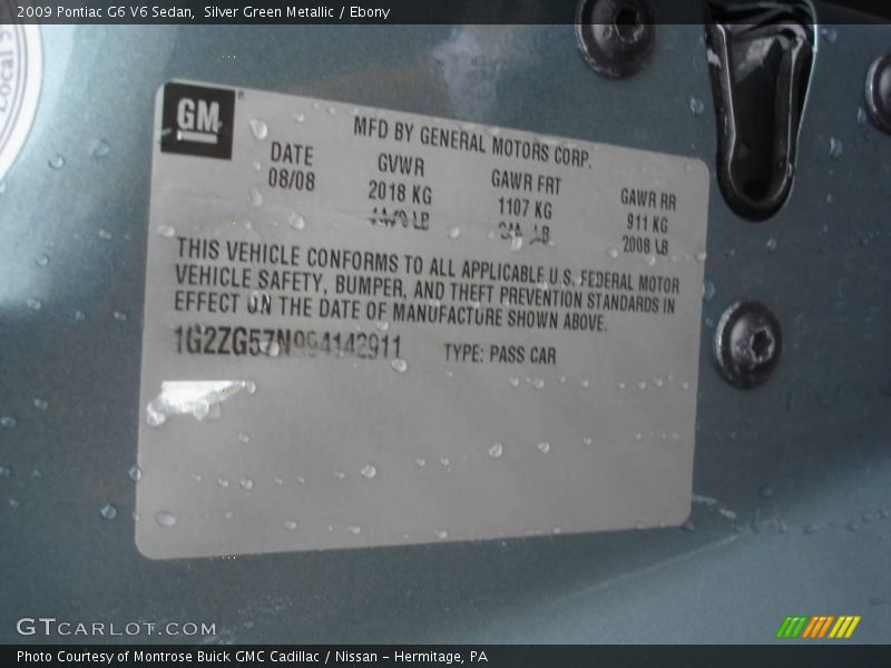 Silver Green Metallic / Ebony 2009 Pontiac G6 V6 Sedan