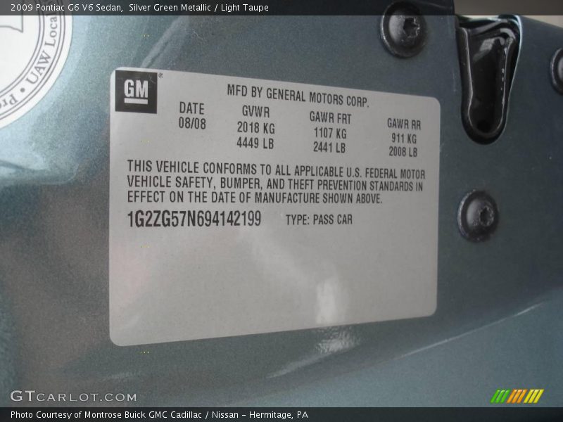 Silver Green Metallic / Light Taupe 2009 Pontiac G6 V6 Sedan