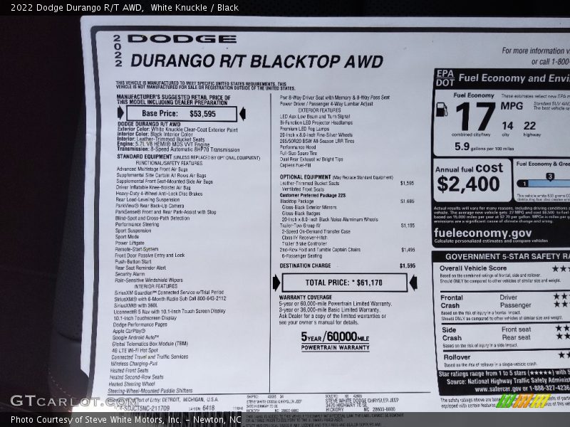  2022 Durango R/T AWD Window Sticker