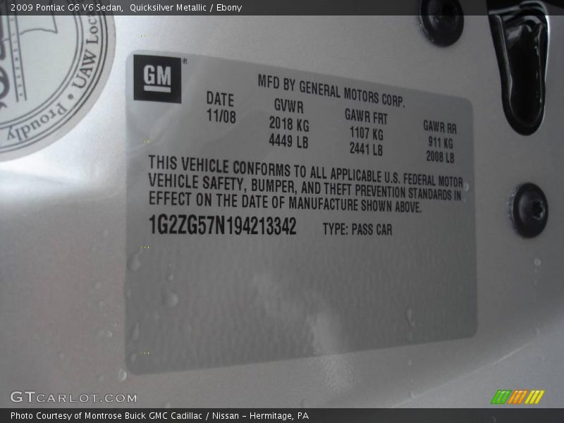 Quicksilver Metallic / Ebony 2009 Pontiac G6 V6 Sedan