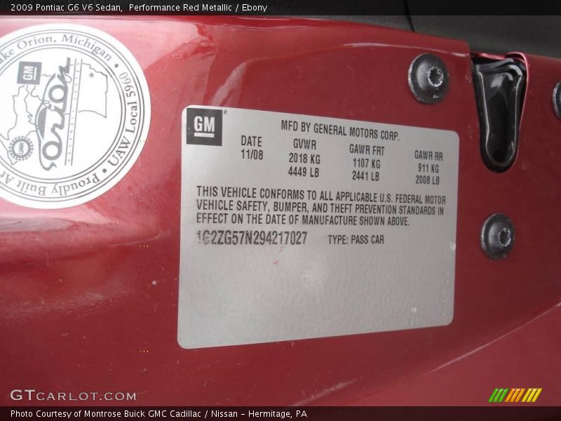 Performance Red Metallic / Ebony 2009 Pontiac G6 V6 Sedan