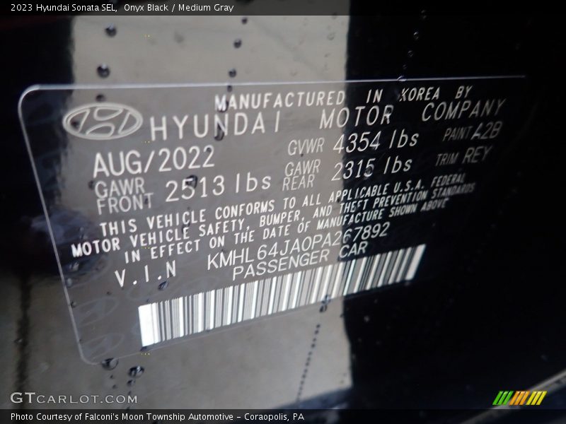 2023 Sonata SEL Onyx Black Color Code A2B
