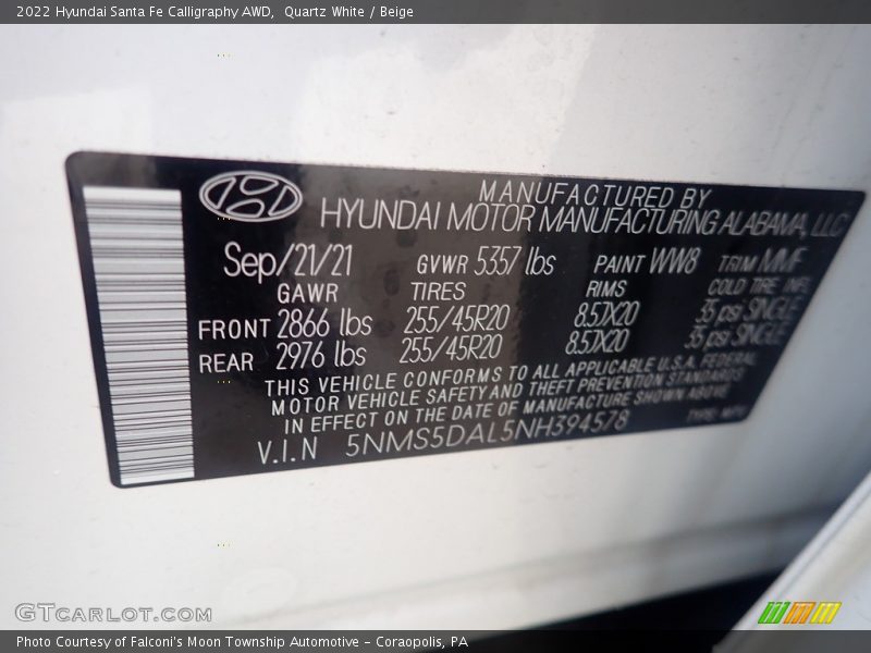 2022 Santa Fe Calligraphy AWD Quartz White Color Code WW8
