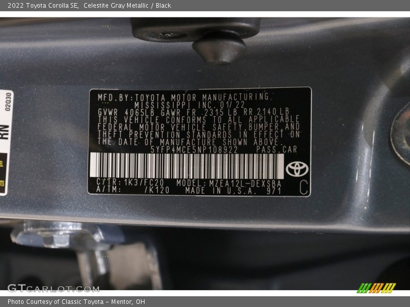 2022 Corolla SE Celestite Gray Metallic Color Code 1K3