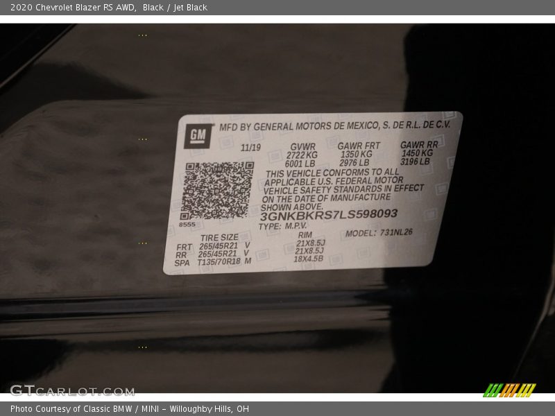 Black / Jet Black 2020 Chevrolet Blazer RS AWD