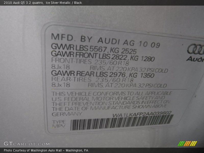 Ice Silver Metallic / Black 2010 Audi Q5 3.2 quattro