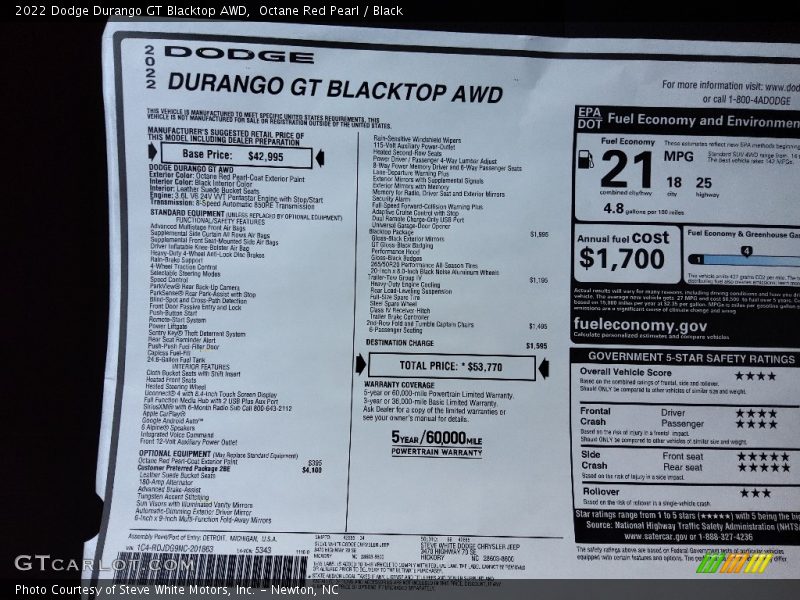 Octane Red Pearl / Black 2022 Dodge Durango GT Blacktop AWD