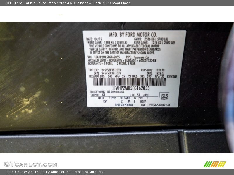 2015 Taurus Police Interceptor AWD Shadow Black Color Code G1