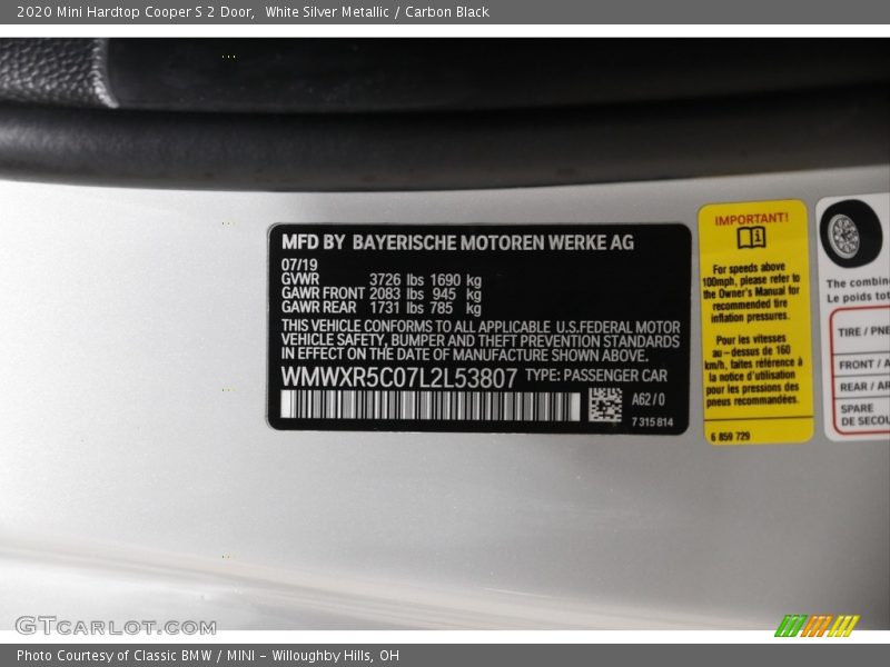 2020 Hardtop Cooper S 2 Door White Silver Metallic Color Code A62
