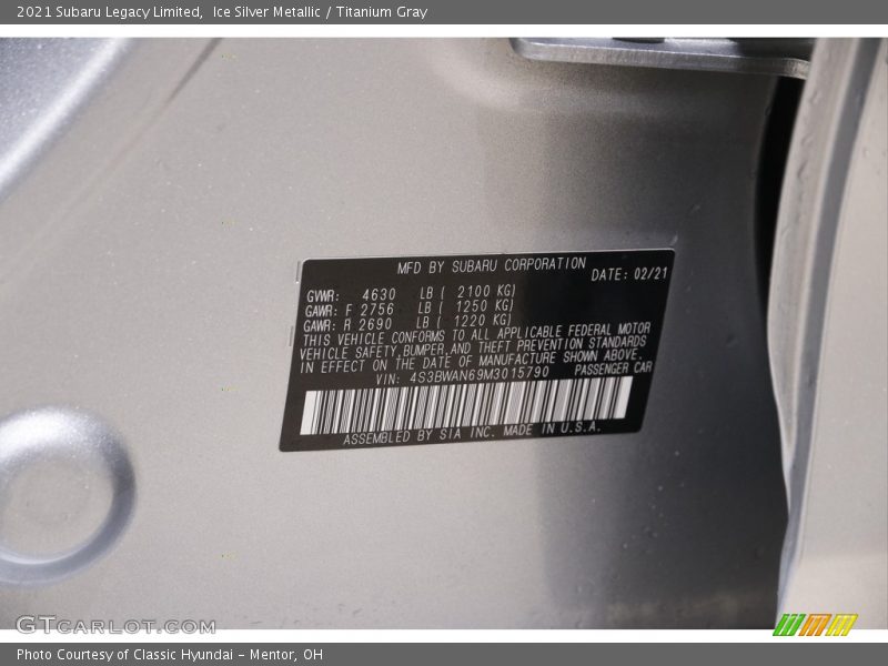 Ice Silver Metallic / Titanium Gray 2021 Subaru Legacy Limited
