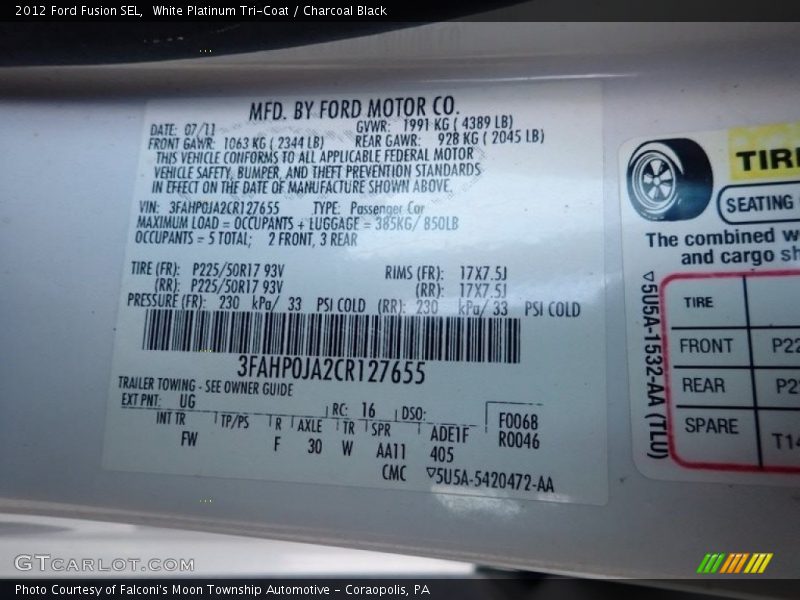 White Platinum Tri-Coat / Charcoal Black 2012 Ford Fusion SEL
