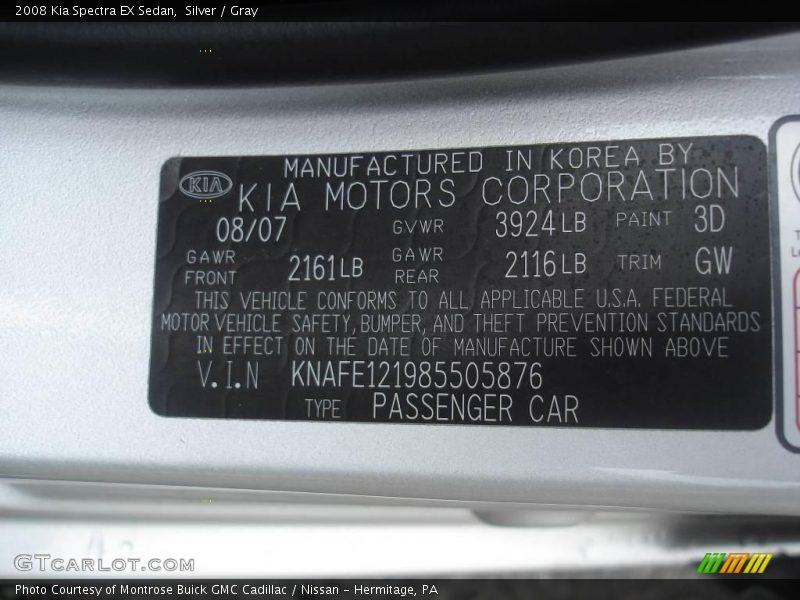 Silver / Gray 2008 Kia Spectra EX Sedan