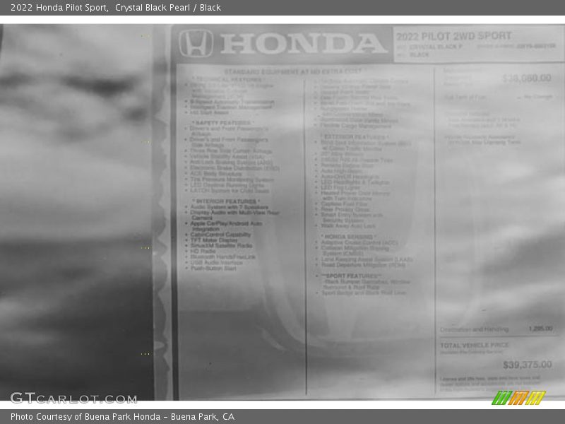 Crystal Black Pearl / Black 2022 Honda Pilot Sport