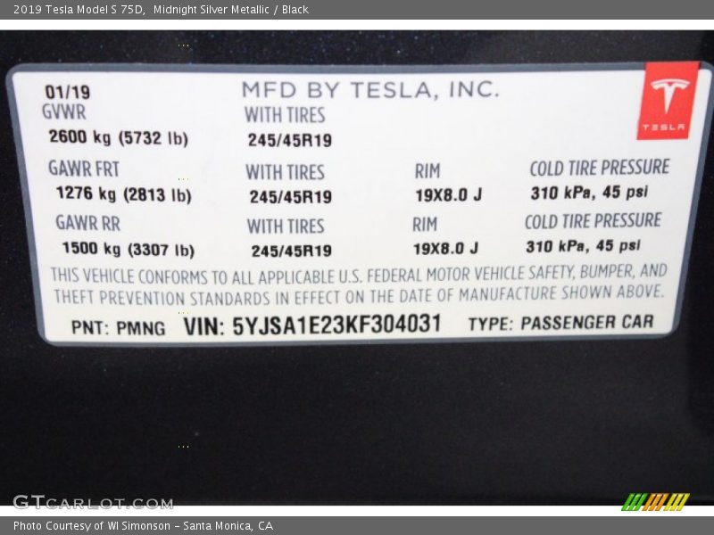 Info Tag of 2019 Model S 75D