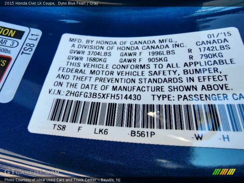 Dyno Blue Pearl / Gray 2015 Honda Civic LX Coupe
