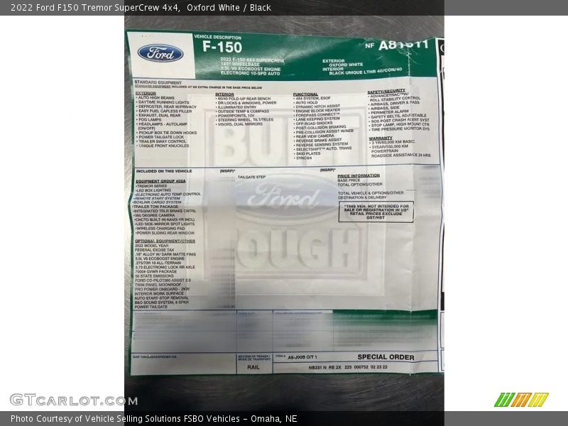  2022 F150 Tremor SuperCrew 4x4 Window Sticker