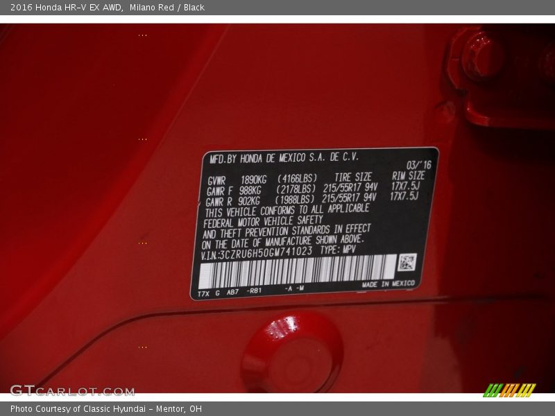 Milano Red / Black 2016 Honda HR-V EX AWD