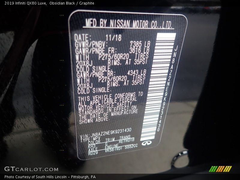 2019 QX80 Luxe Obsidian Black Color Code KH3