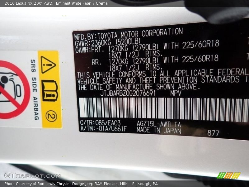 2016 NX 200t AWD Eminent White Pearl Color Code 085