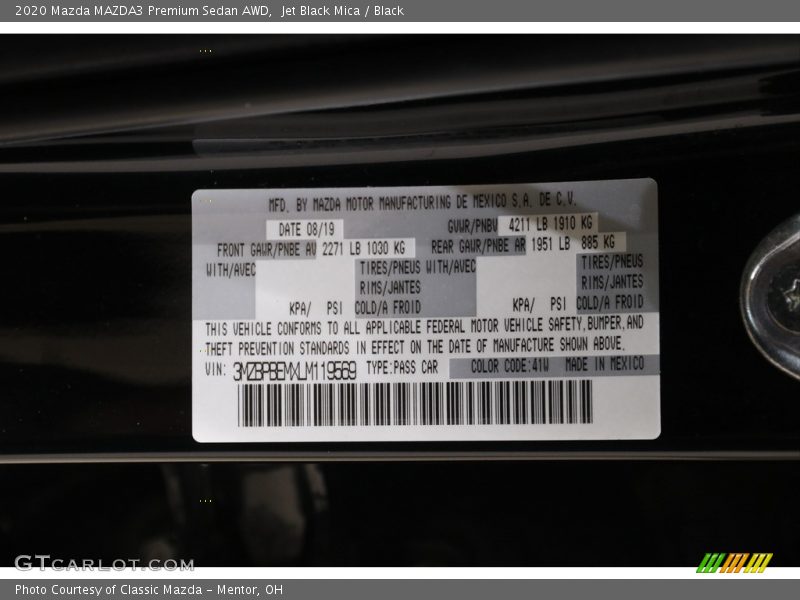 2020 MAZDA3 Premium Sedan AWD Jet Black Mica Color Code 41W