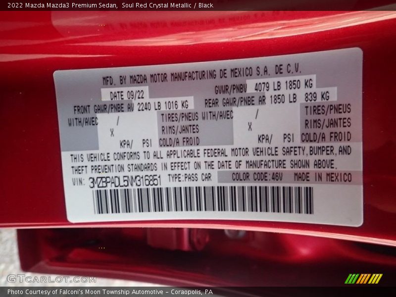 2022 Mazda3 Premium Sedan Soul Red Crystal Metallic Color Code 46V