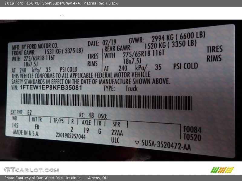 Magma Red / Black 2019 Ford F150 XLT Sport SuperCrew 4x4