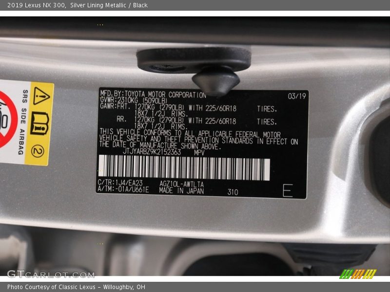 2019 NX 300 Silver Lining Metallic Color Code 1J4