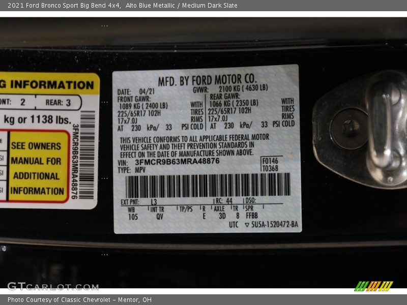 2021 Bronco Sport Big Bend 4x4 Alto Blue Metallic Color Code L3