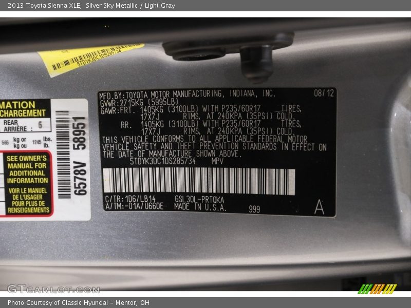 Silver Sky Metallic / Light Gray 2013 Toyota Sienna XLE
