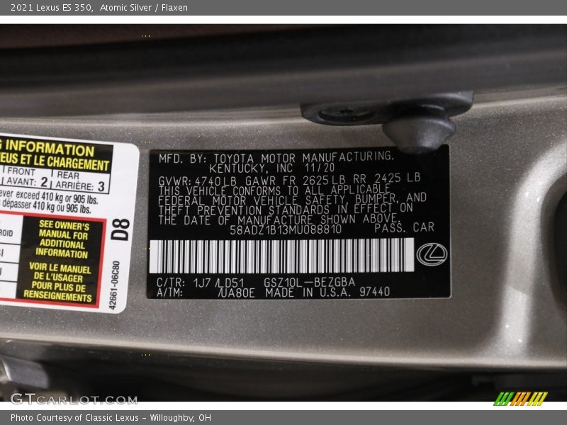 2021 ES 350 Atomic Silver Color Code 1J7