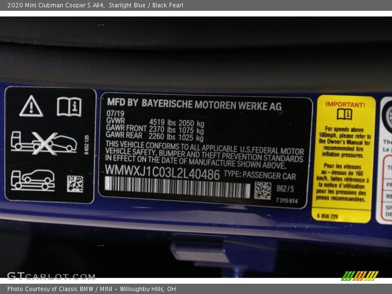 Starlight Blue / Black Pearl 2020 Mini Clubman Cooper S All4