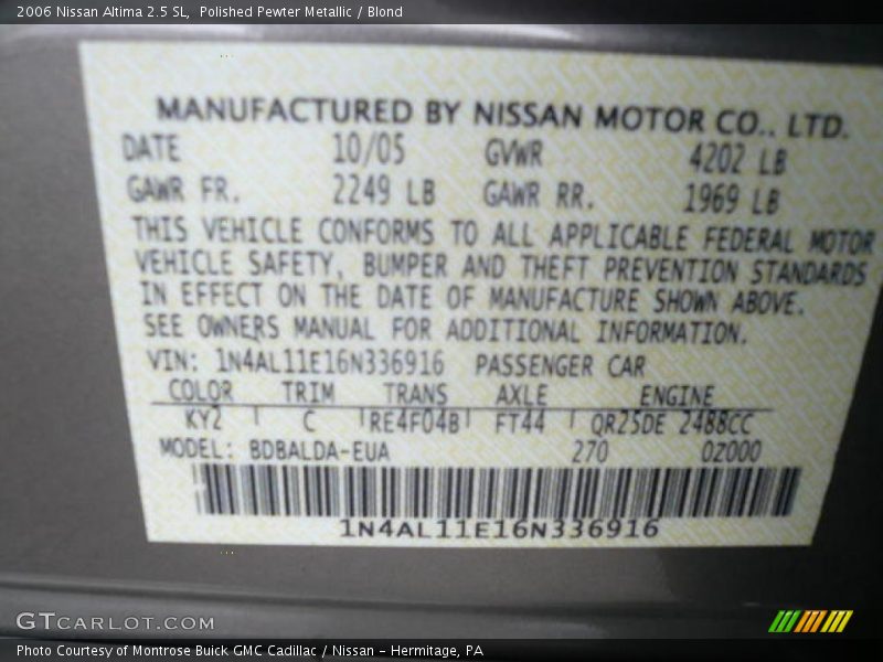 Polished Pewter Metallic / Blond 2006 Nissan Altima 2.5 SL
