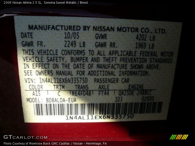 Sonoma Sunset Metallic / Blond 2006 Nissan Altima 2.5 SL