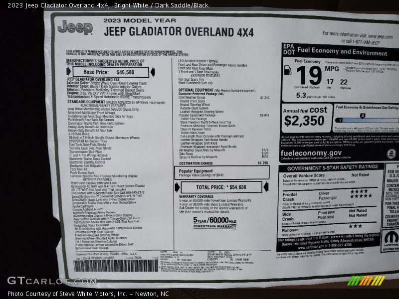 Bright White / Dark Saddle/Black 2023 Jeep Gladiator Overland 4x4