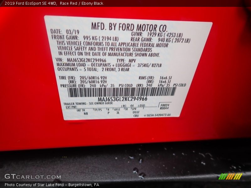 Race Red / Ebony Black 2019 Ford EcoSport SE 4WD