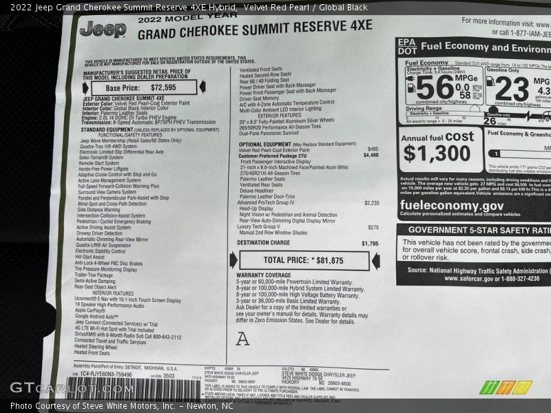  2022 Grand Cherokee Summit Reserve 4XE Hybrid Window Sticker