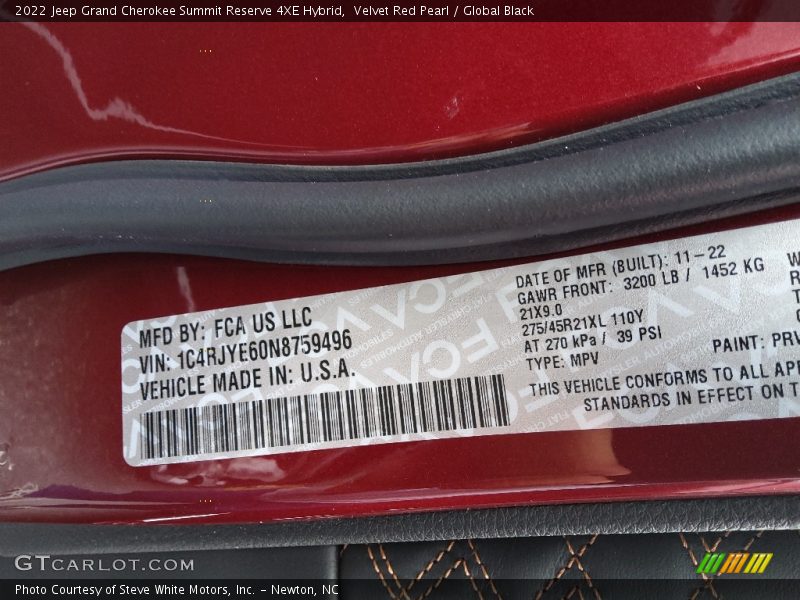 2022 Grand Cherokee Summit Reserve 4XE Hybrid Velvet Red Pearl Color Code PRV
