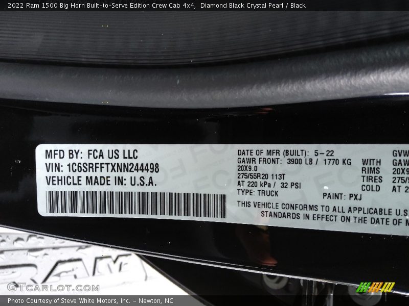 2022 1500 Big Horn Built-to-Serve Edition Crew Cab 4x4 Diamond Black Crystal Pearl Color Code PXJ