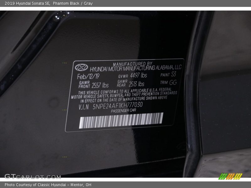 Phantom Black / Gray 2019 Hyundai Sonata SE