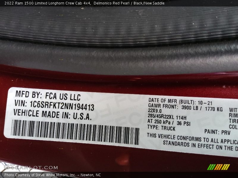 2022 1500 Limited Longhorn Crew Cab 4x4 Delmonico Red Pearl Color Code PRV