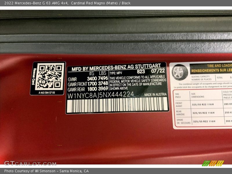 2022 G 63 AMG 4x4 Cardinal Red Magno (Matte) Color Code 823