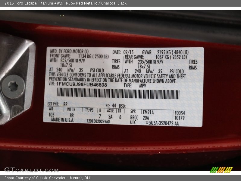 Ruby Red Metallic / Charcoal Black 2015 Ford Escape Titanium 4WD