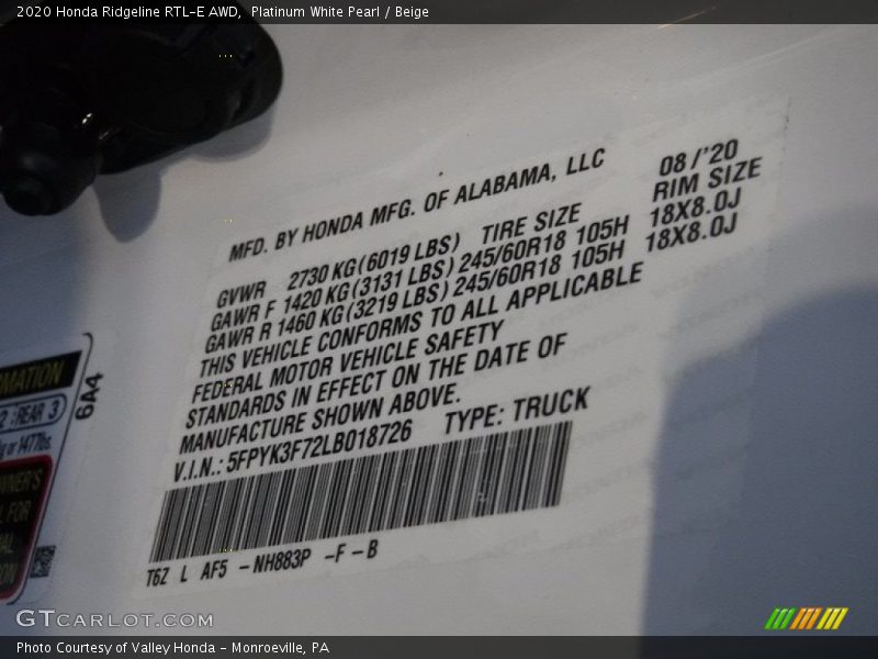 Platinum White Pearl / Beige 2020 Honda Ridgeline RTL-E AWD